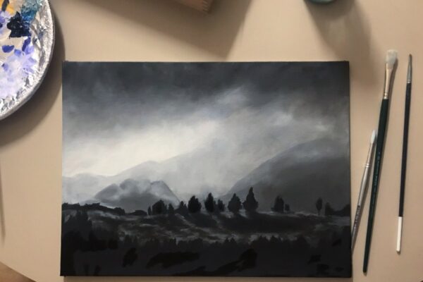 moody black and white painting